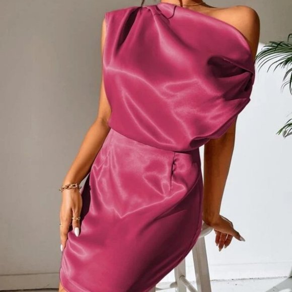 Pink Asymmetrical Neck Satin Mini Dress - Picture 4 of 8